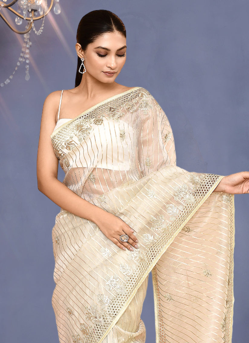 Cream Jacquard Embroidered Designer Wedding Saree