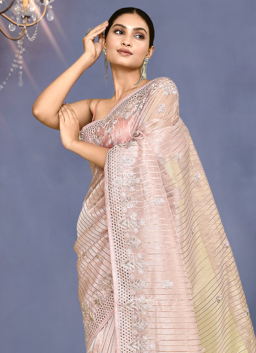 Blush Pink Jacquard Embroidered Designer Wedding Saree