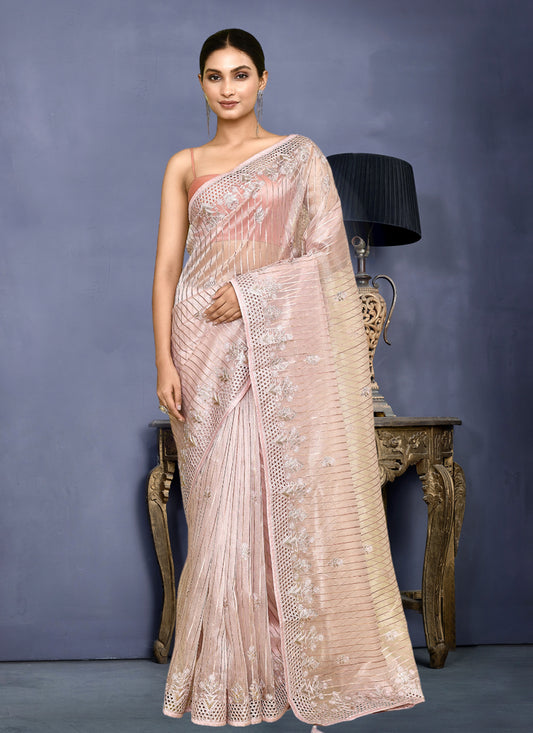 Blush Pink Jacquard Embroidered Designer Wedding Saree