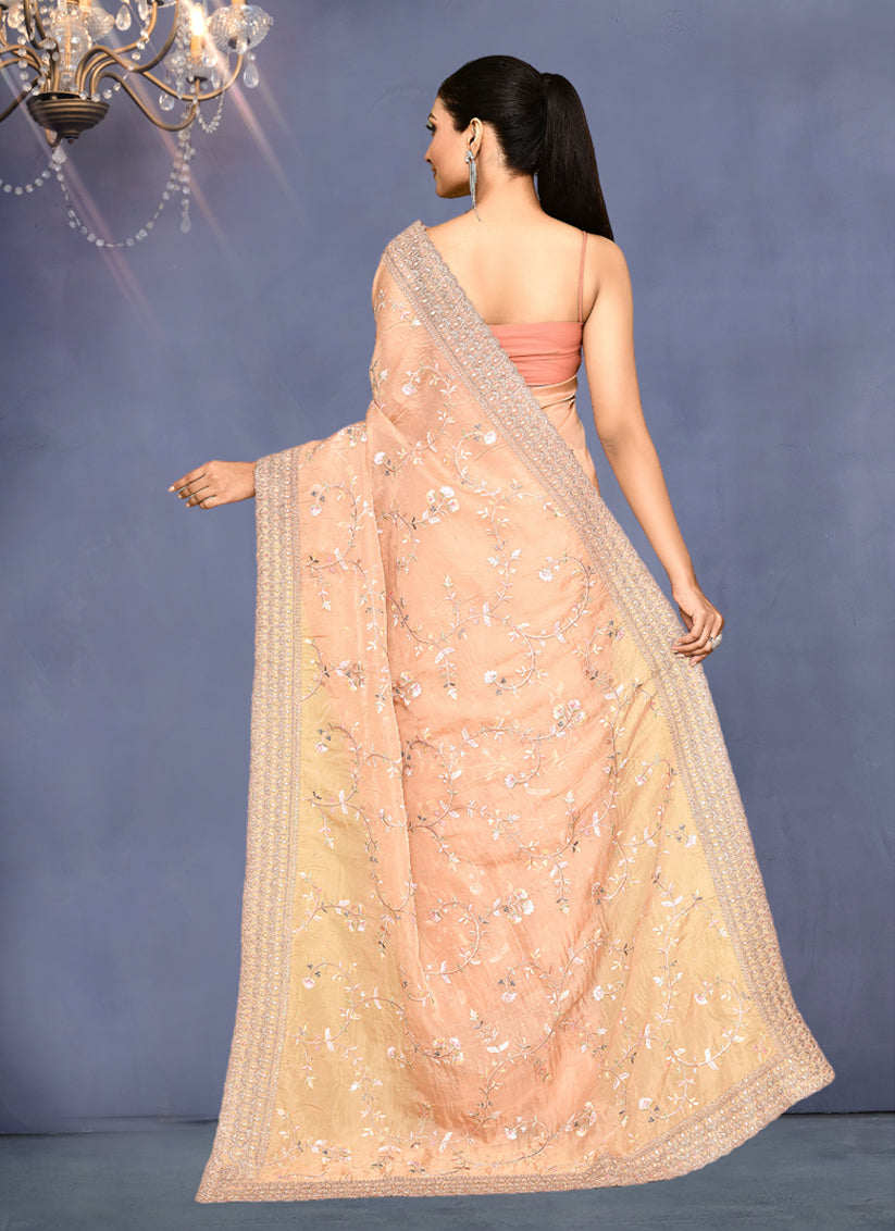 Peach Organza Satin Silk Embroidered Saree