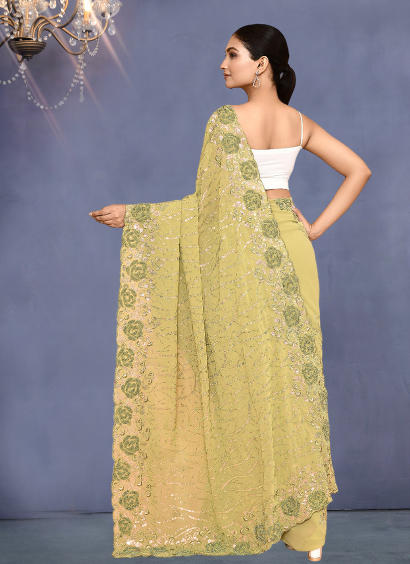 Chartreuse Georgette Sequins Embroidered Wedding Saree