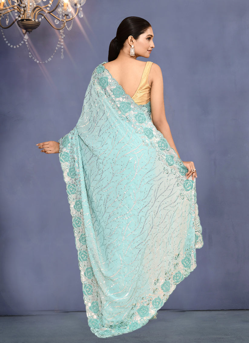 Ice Blue Georgette Sequins Embroidered Wedding Saree