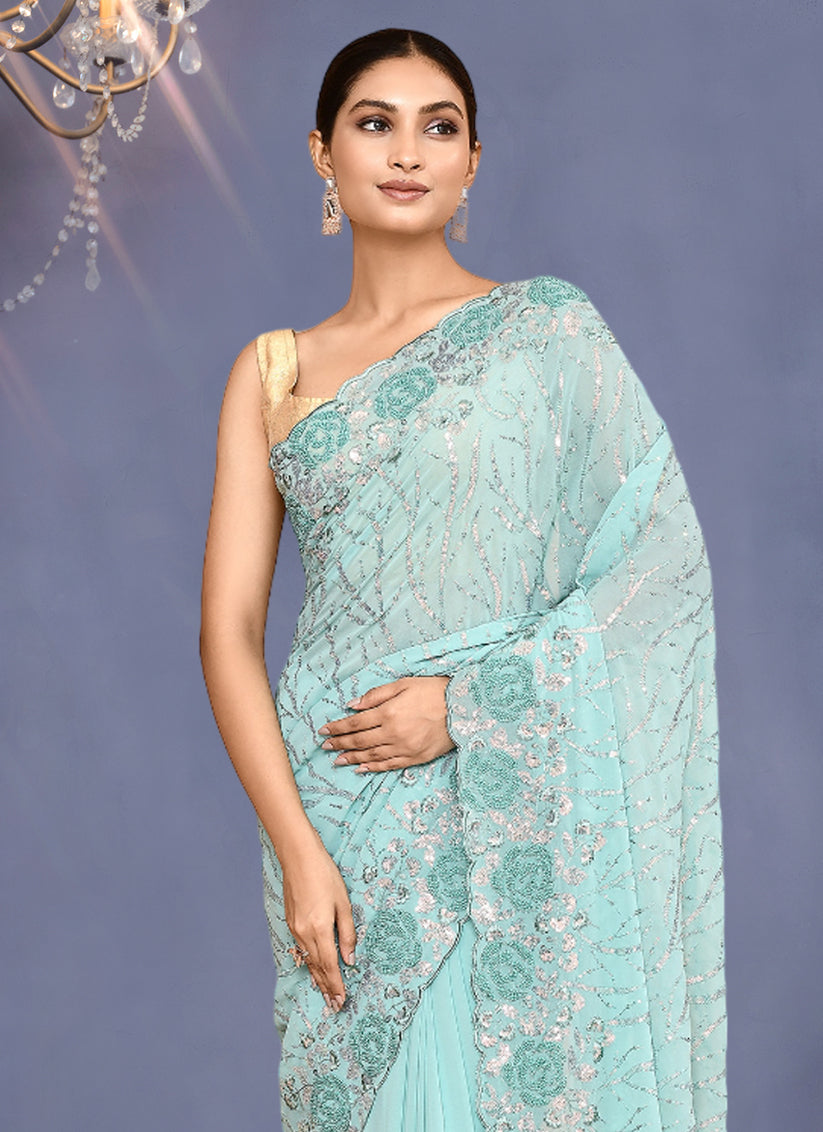 Ice Blue Georgette Sequins Embroidered Wedding Saree