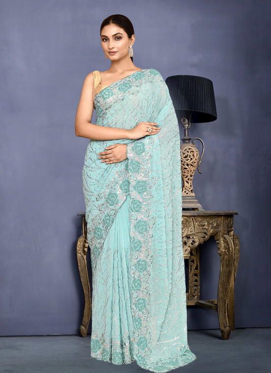 Ice Blue Georgette Sequins Embroidered Wedding Saree