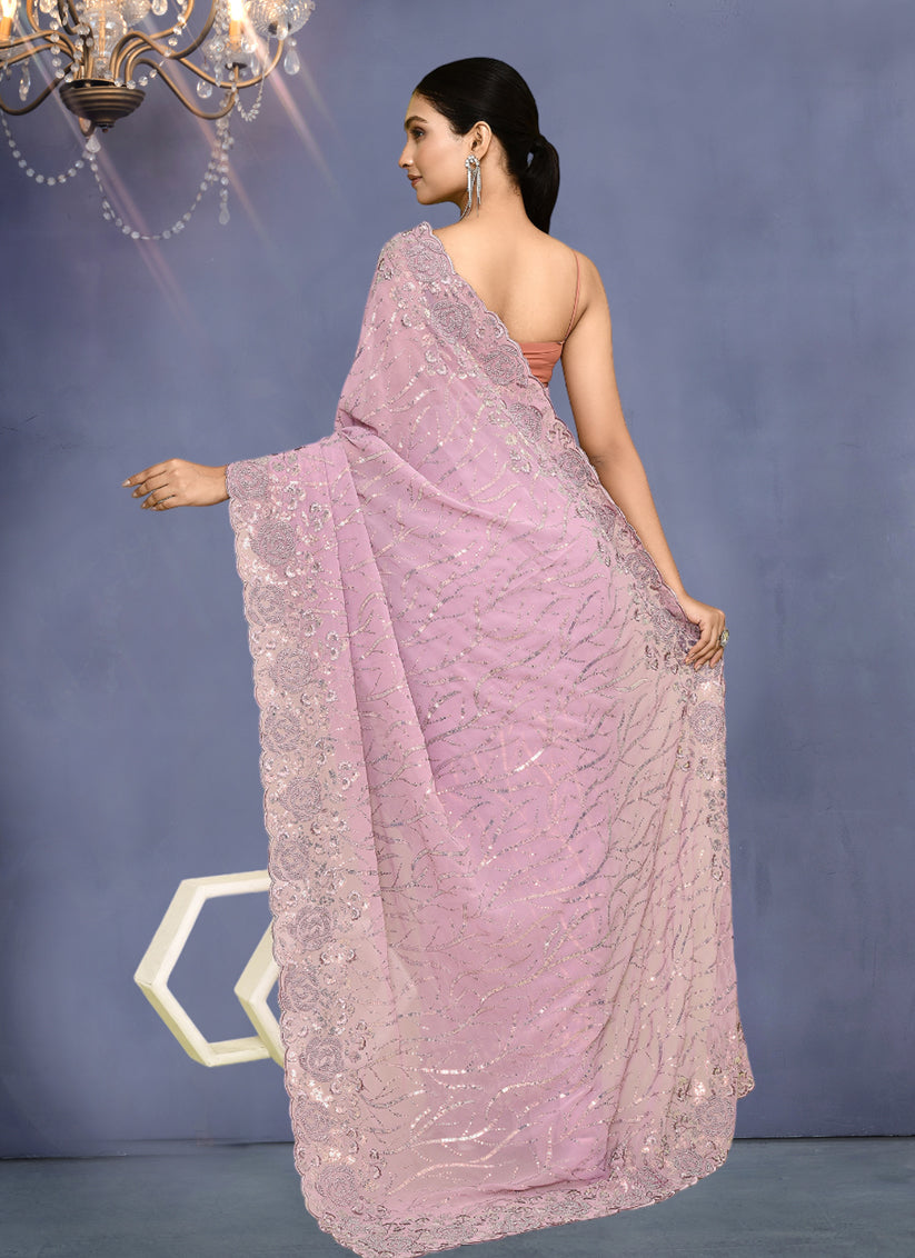 Lilac Pink Georgette Sequins Embroidered Wedding Saree