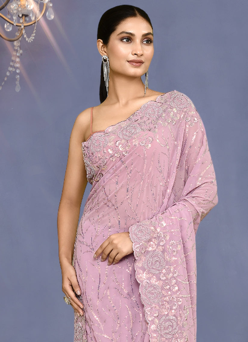 Lilac Pink Georgette Sequins Embroidered Wedding Saree