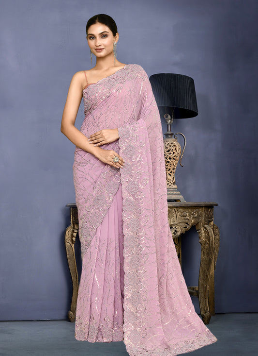 Lilac Pink Georgette Sequins Embroidered Wedding Saree