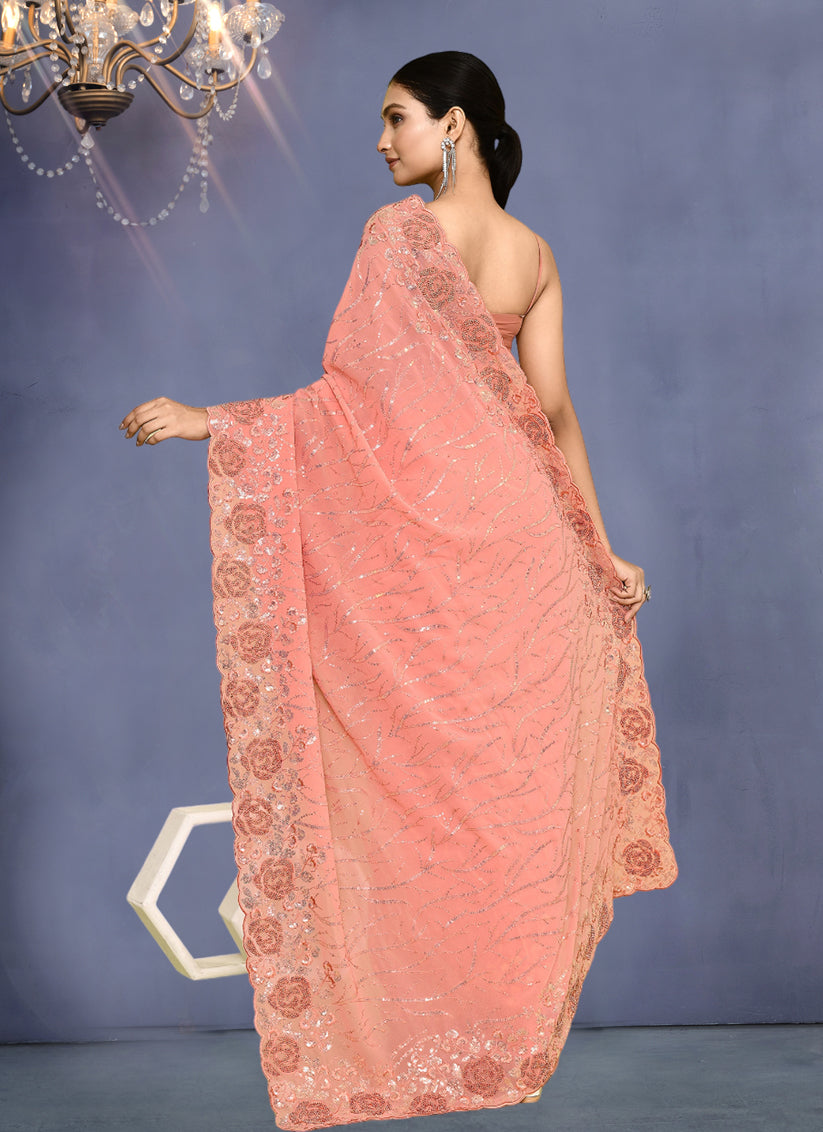 Peach Georgette Sequins Embroidered Wedding Saree