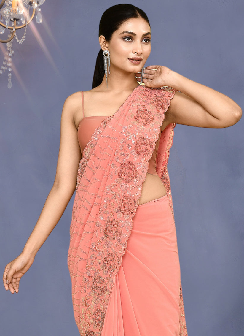 Peach Georgette Sequins Embroidered Wedding Saree