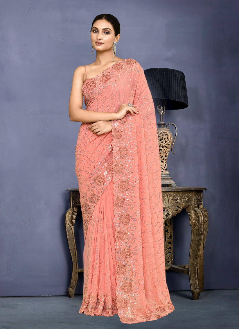 Peach Georgette Sequins Embroidered Wedding Saree