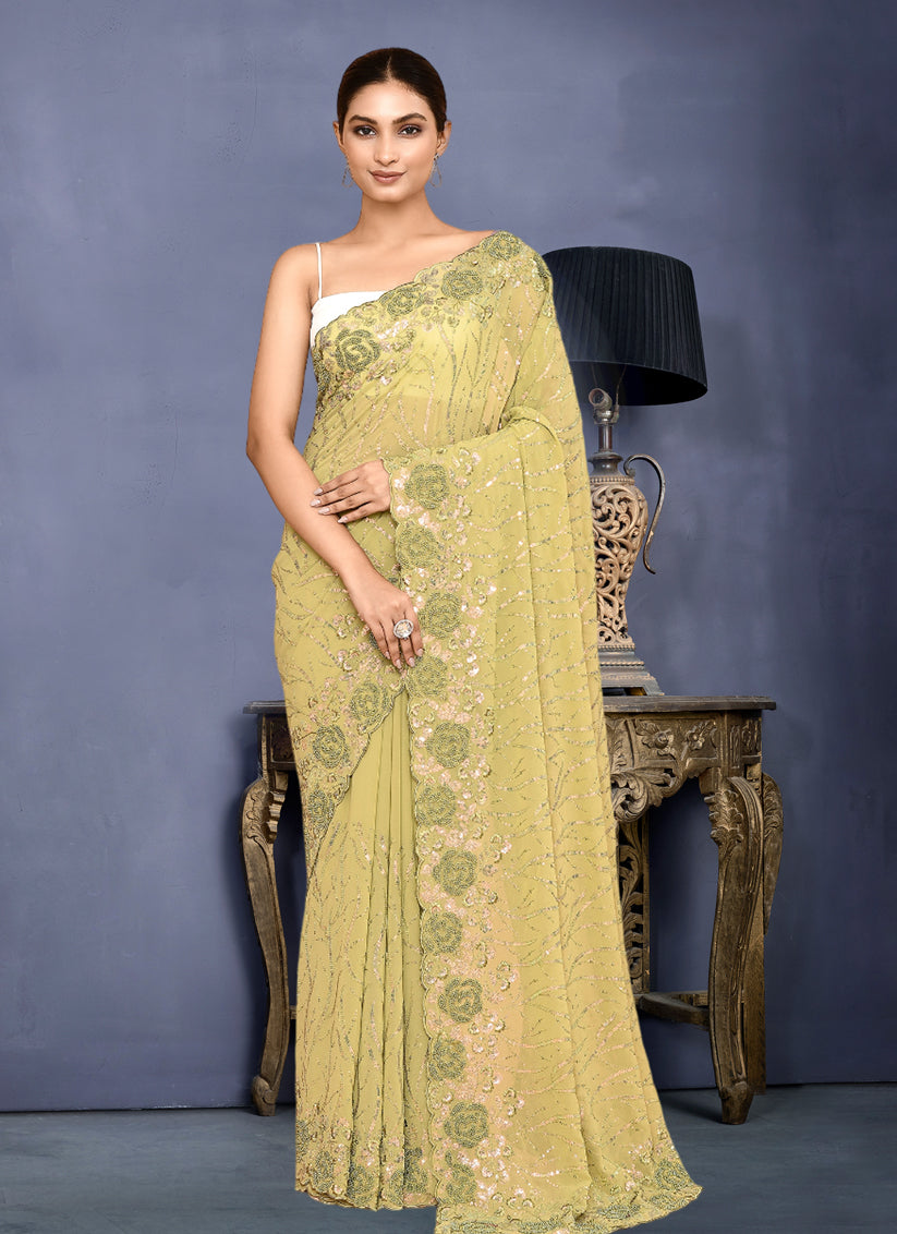 Chartreuse Georgette Sequins Embroidered Wedding Saree