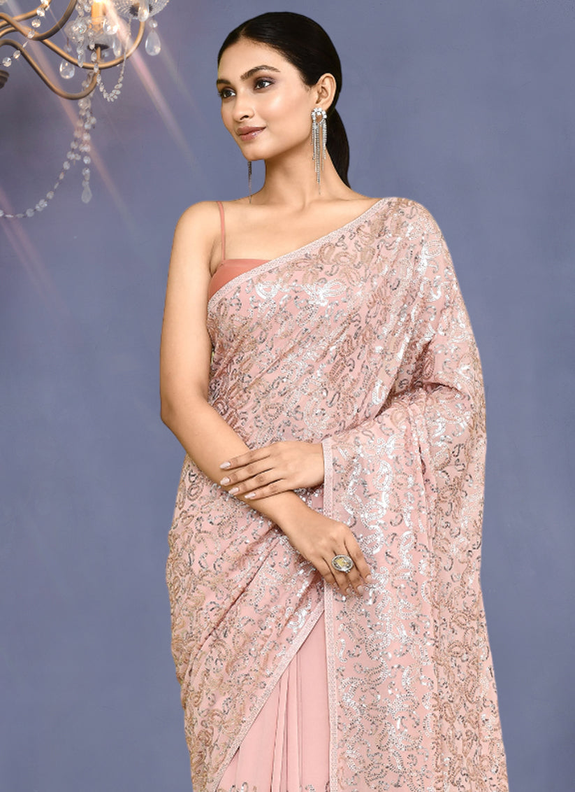 Blush Peach Georgette Sequins Embroidered Wedding Saree