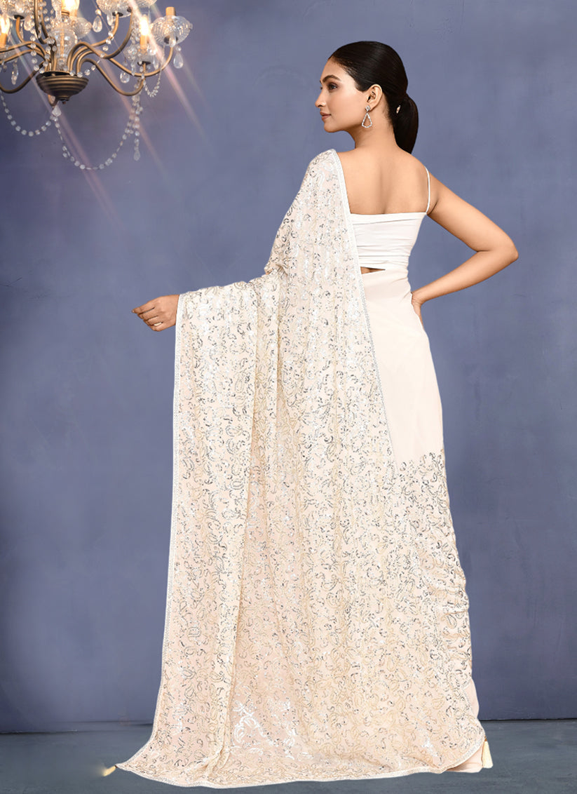 Pearl White Georgette Sequins Embroidered Wedding Saree