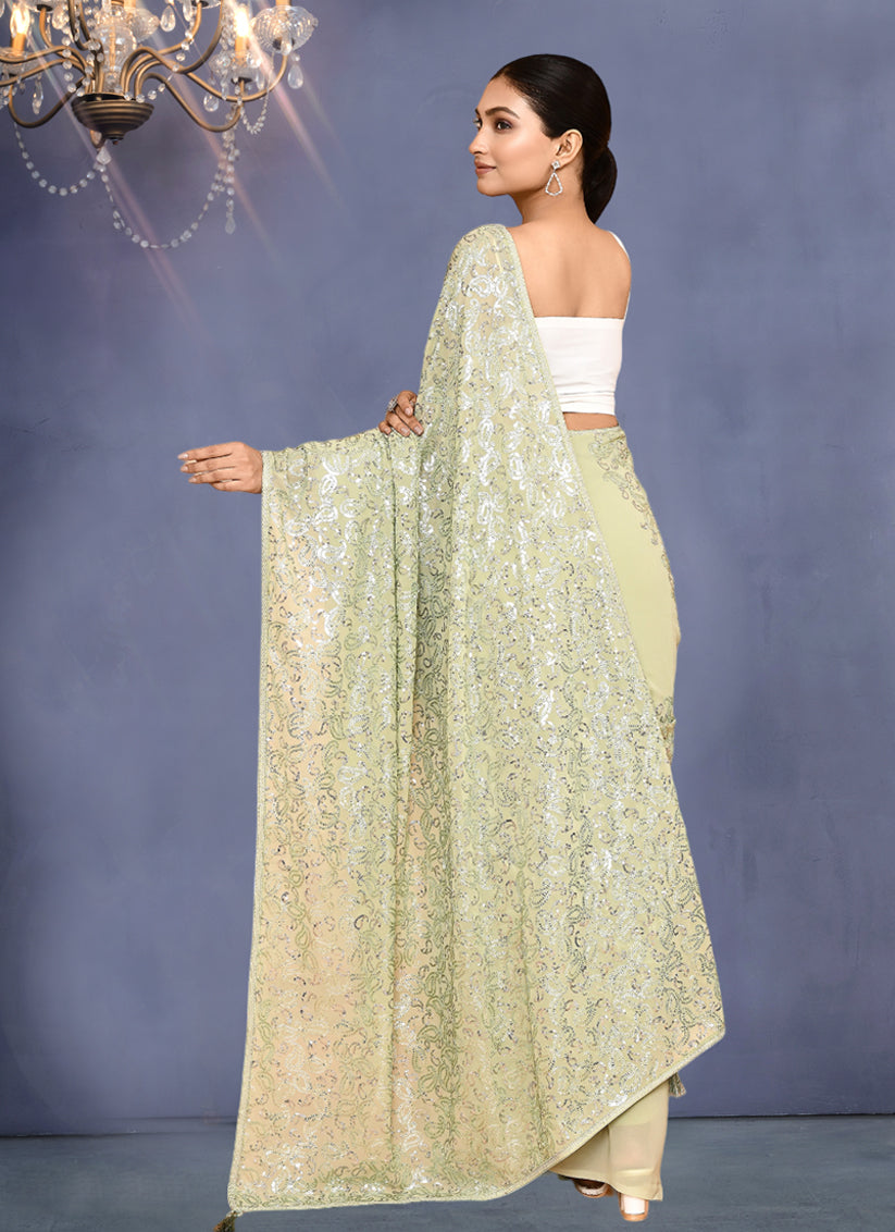 Pastel Green Georgette Sequins Embroidered Wedding Saree