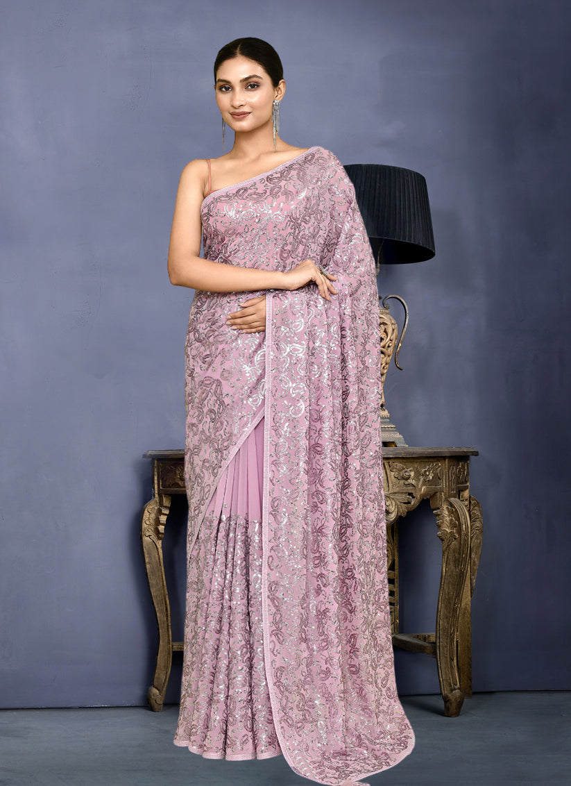 Lilac Pink Georgette Sequins Embroidered Wedding Saree