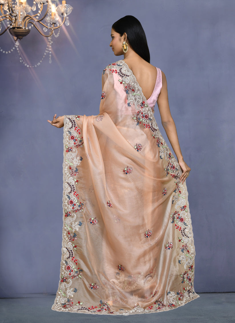 Peach Net Satin Silk Embroidered Saree