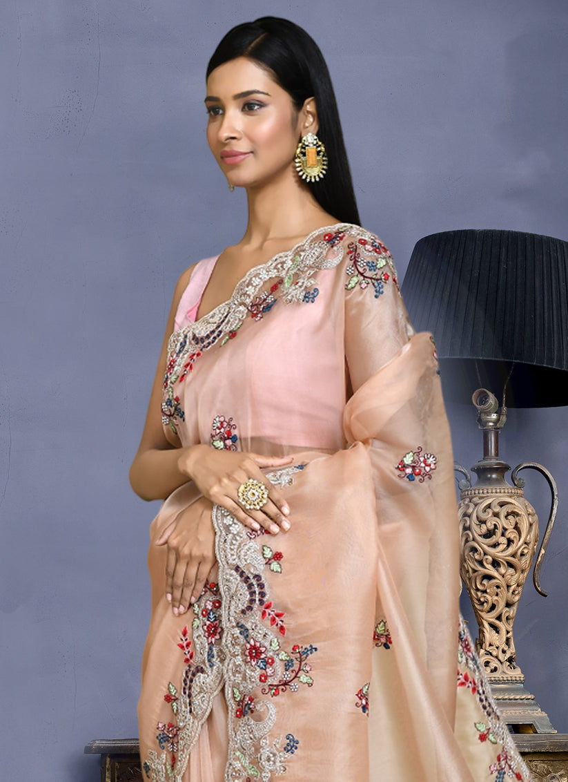 Peach Net Satin Silk Embroidered Saree