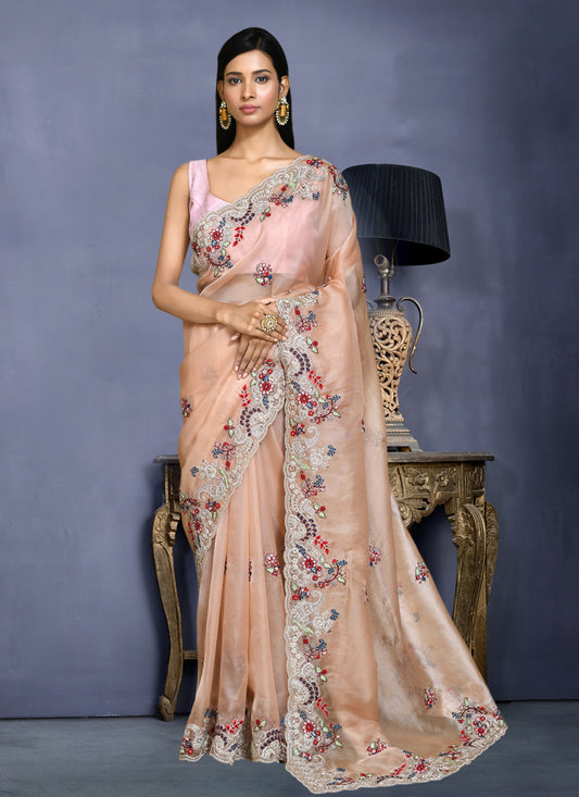 Peach Net Satin Silk Embroidered Saree