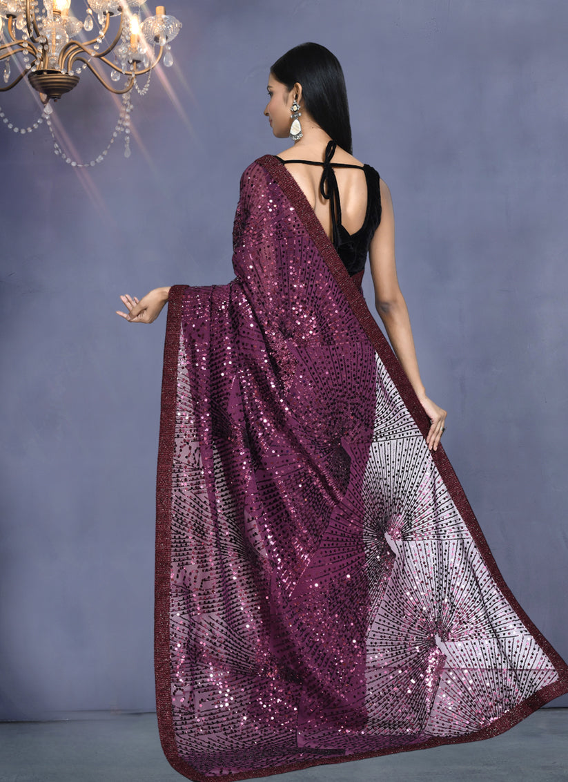 Burgundy Silk Sequins Embroidered Saree