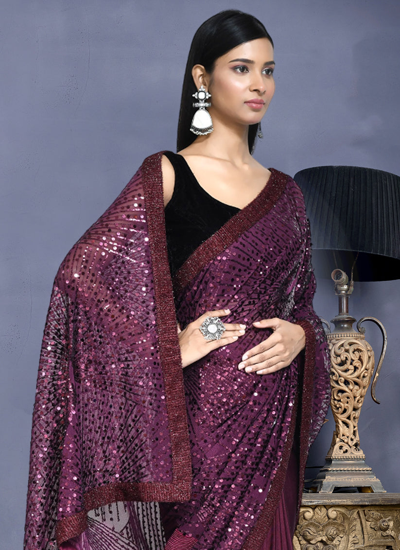 Burgundy Silk Sequins Embroidered Saree