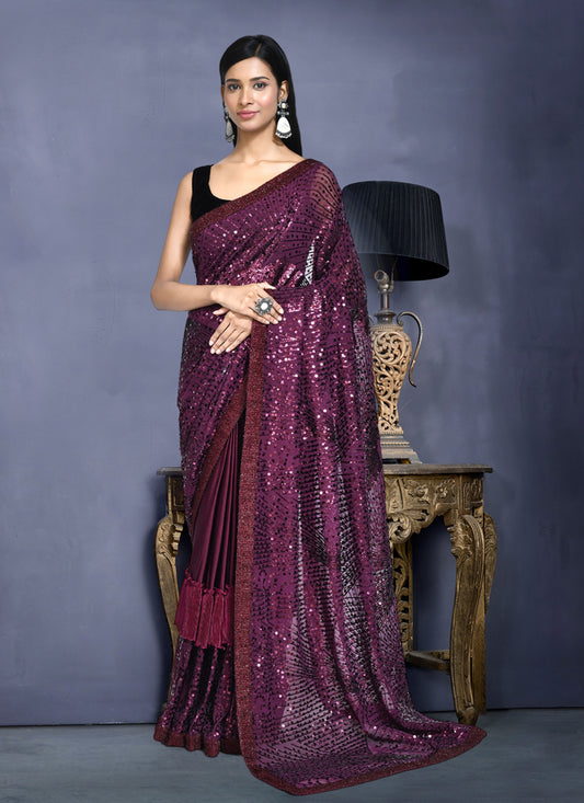 Burgundy Silk Sequins Embroidered Saree