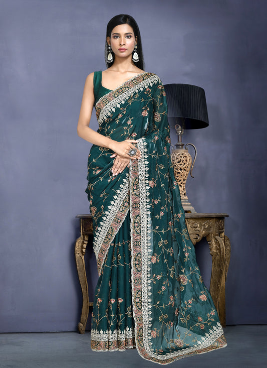 Pine Green Satin Silk Sequins Embroidered Saree