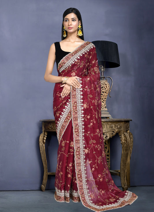 Maroon Satin Silk Sequins Embroidered Saree