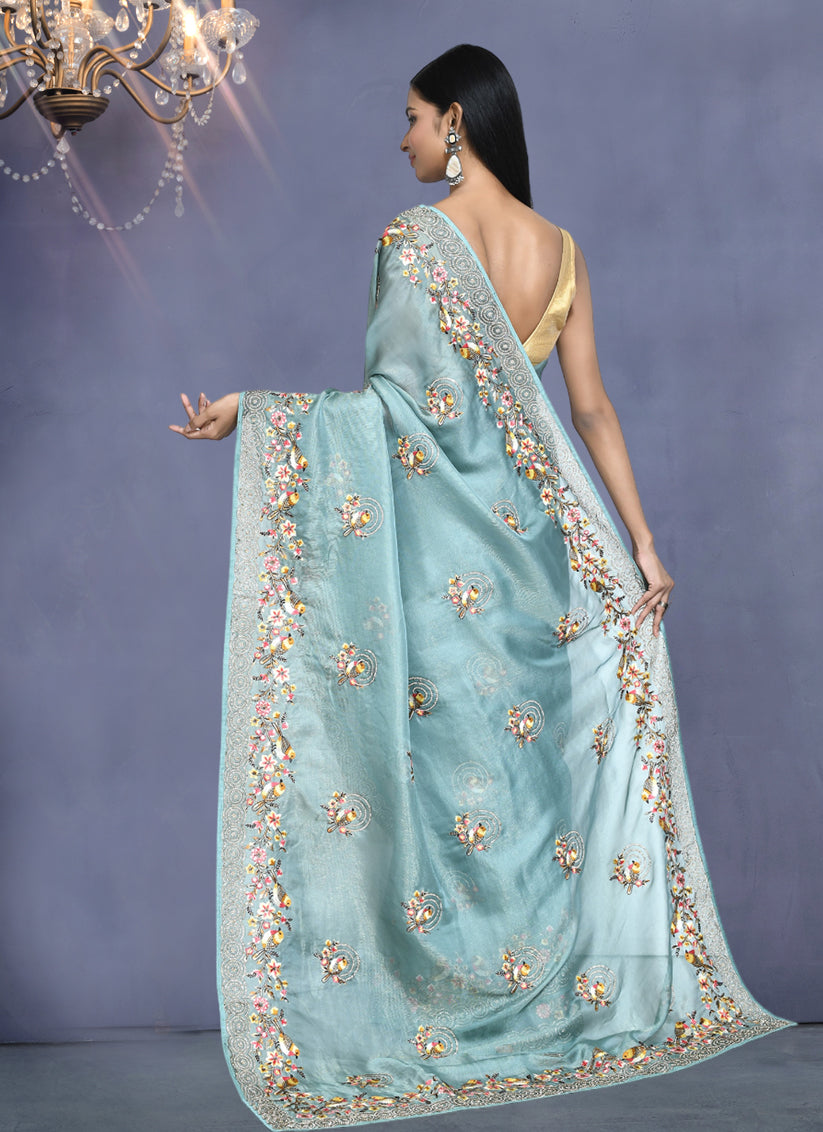 Breeze Blue Net Organza Silk Embroidered Saree