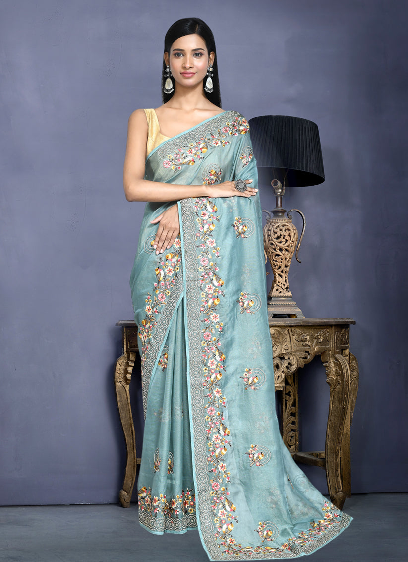 Breeze Blue Net Organza Silk Embroidered Saree