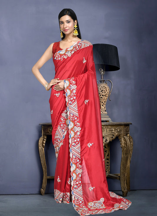 Candy Red Crepe Silk Sequins Embroidered Saree