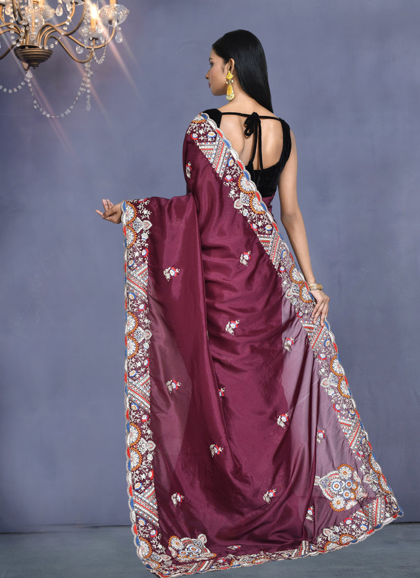 Burgundy Crepe Silk Sequins Embroidered Saree