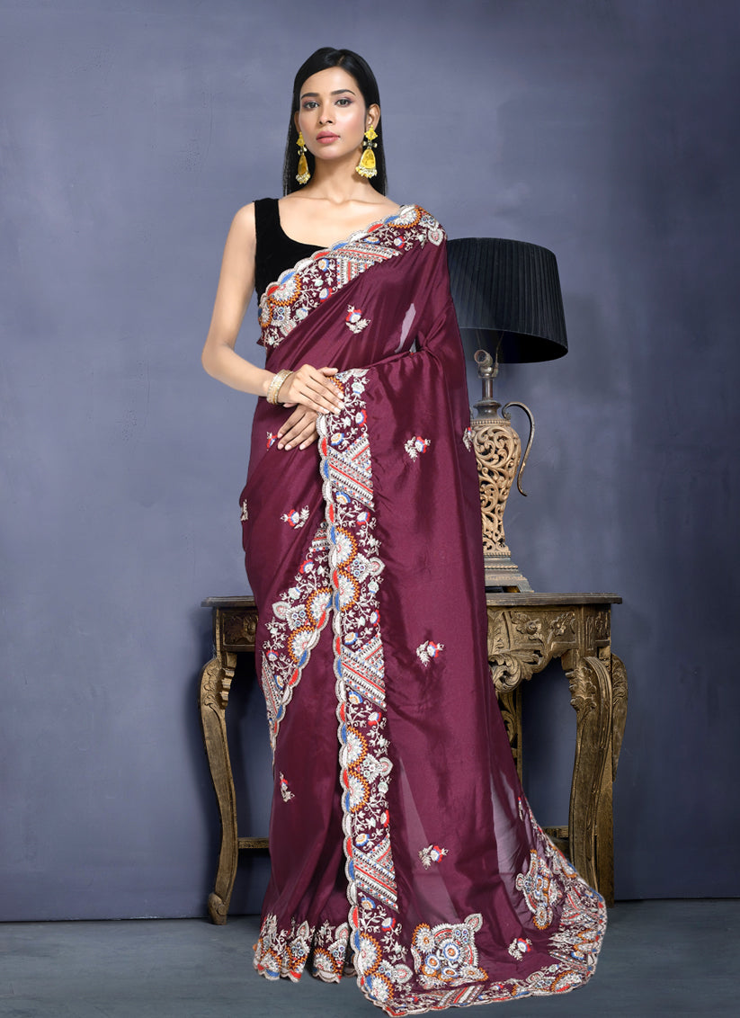 Burgundy Crepe Silk Sequins Embroidered Saree