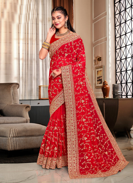 Hot Red Georgette Heavy Embroidered Saree