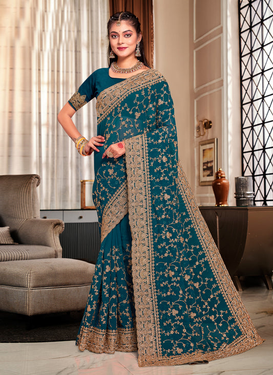 Peacock Blue Georgette Heavy Embroidered Saree