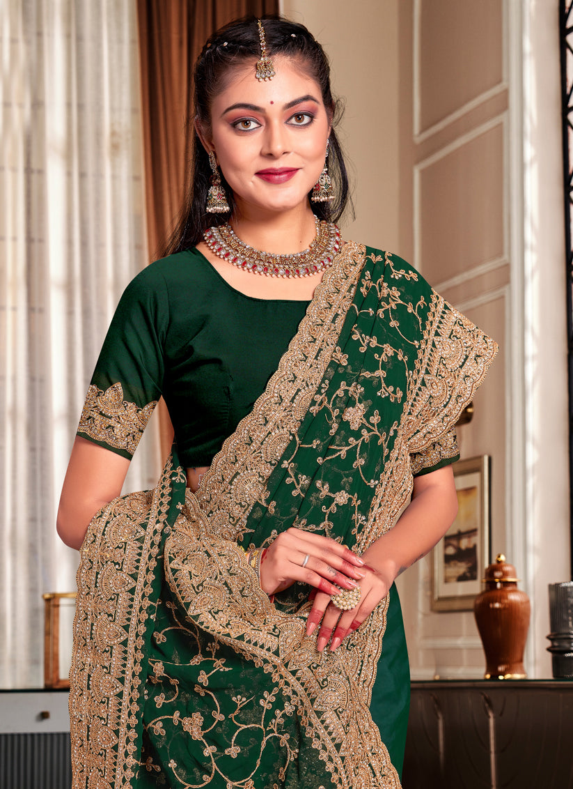 Forest Green Georgette Heavy Embroidered Saree