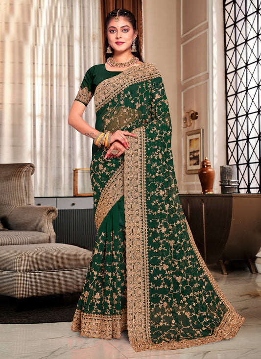 Forest Green Georgette Heavy Embroidered Saree