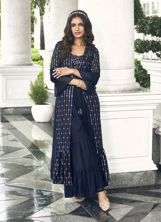 Navy Blue Faux Georgette Embroidered IndoWestern