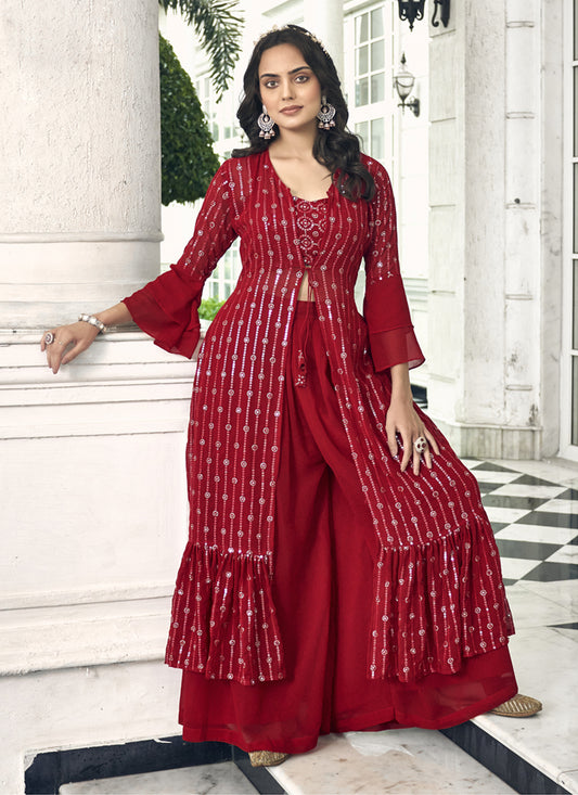 Crimson Red Faux Georgette Embroidered IndoWestern
