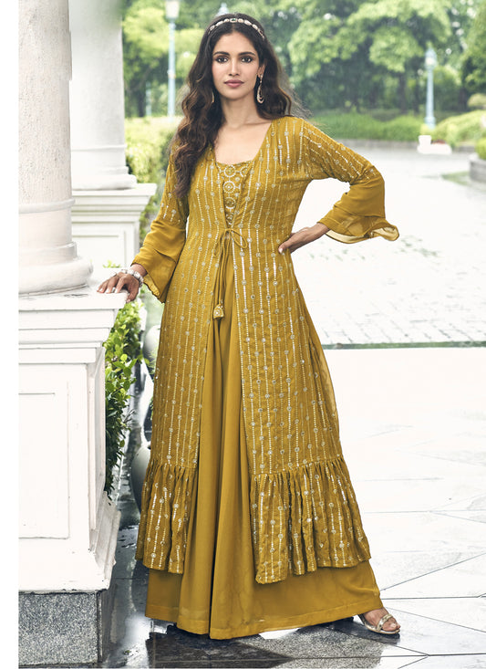 Mustard Faux Georgette Embroidered IndoWestern