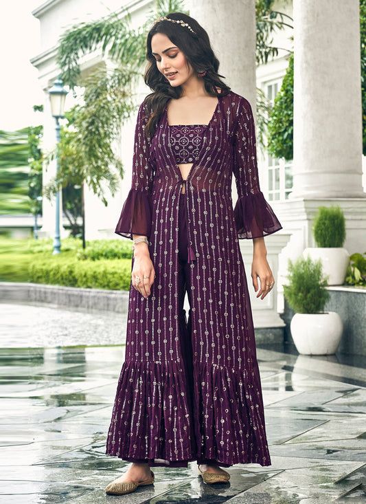 Burgundy Faux Georgette Embroidered IndoWestern