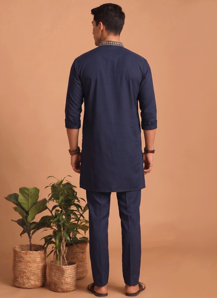 Midnight Blue Embroidered Men's Kurta Set for Festive Wear