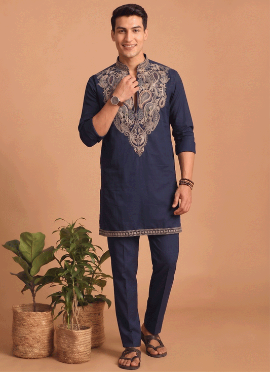 Midnight Blue Embroidered Men's Kurta Set for Festive Wear