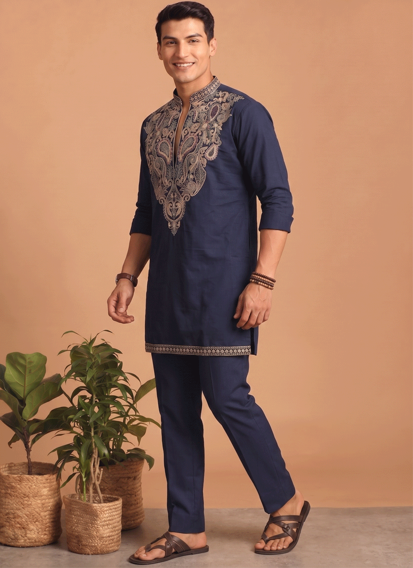 Midnight Blue Embroidered Men's Kurta Set for Festive Wear