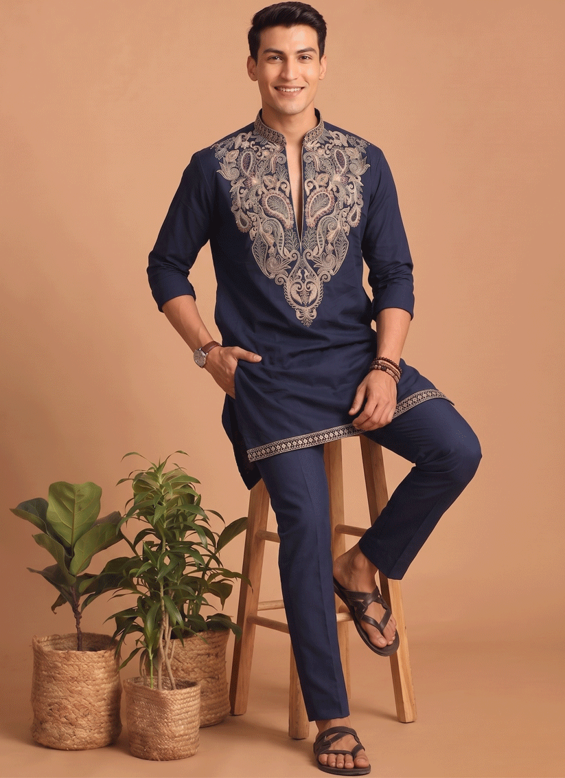 Midnight Blue Embroidered Men's Kurta Set for Festive Wear