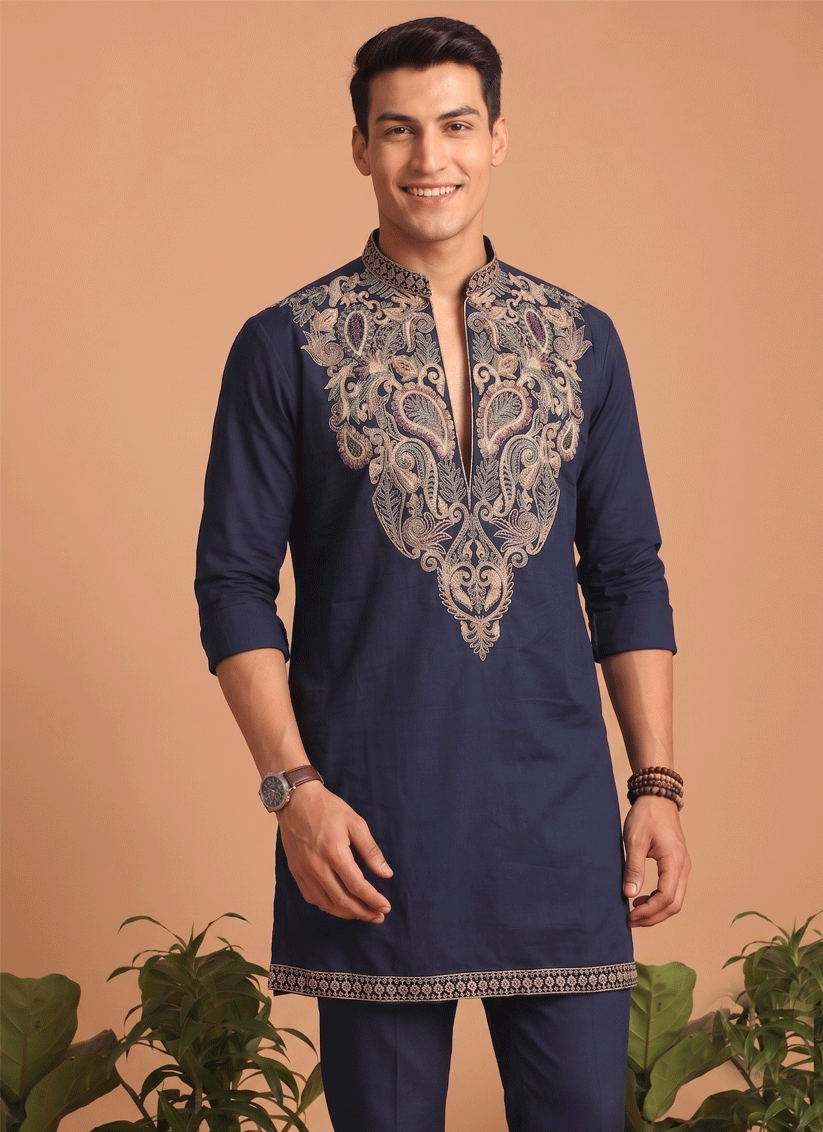Midnight Blue Embroidered Men's Kurta Set for Festive Wear