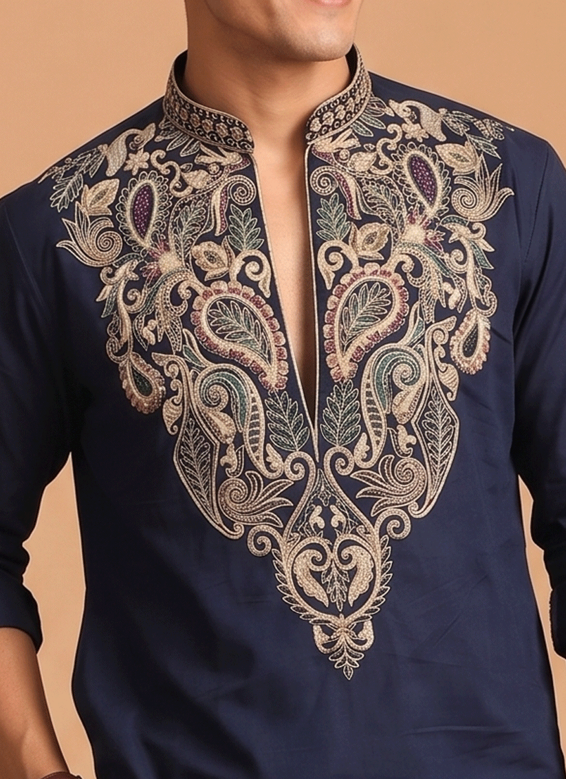Midnight Blue Embroidered Men's Kurta Set for Festive Wear
