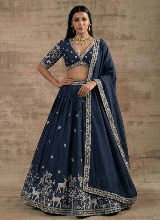 Navy Blue Satin Silk Embroidered Lehenga Choli for Women