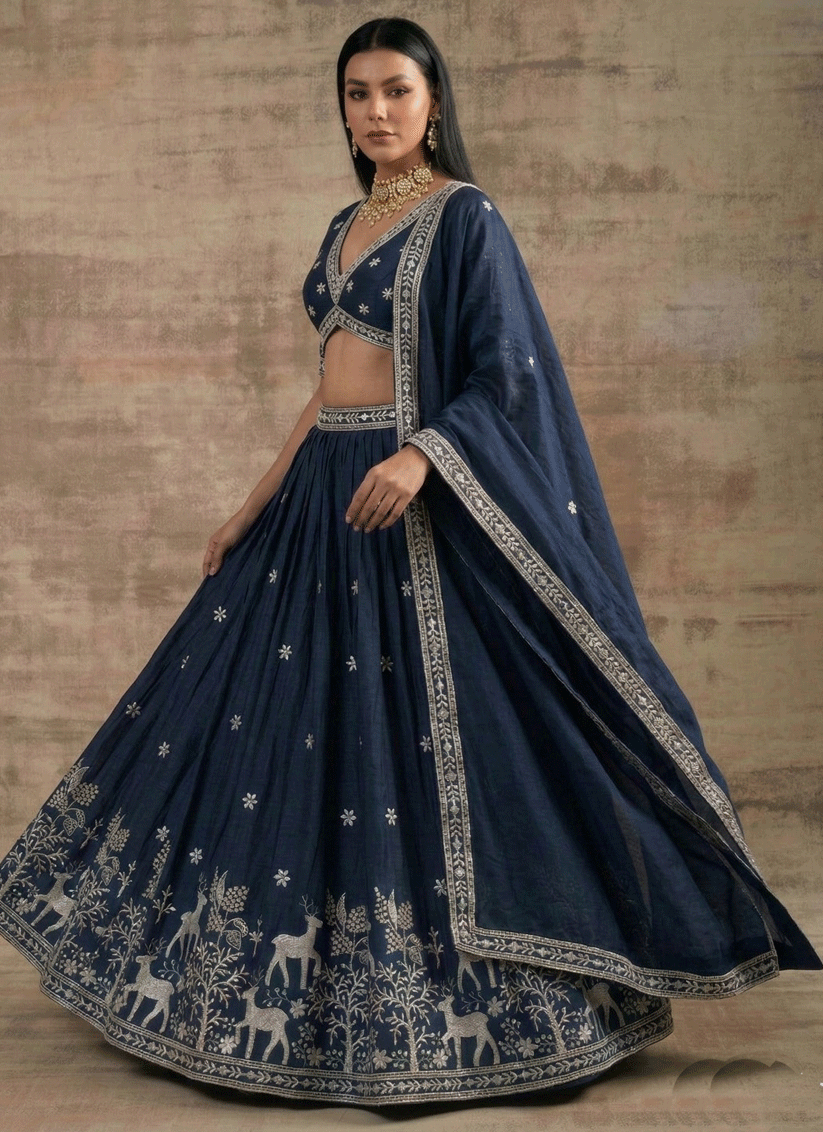 Navy Blue Satin Silk Embroidered Lehenga Choli for Women
