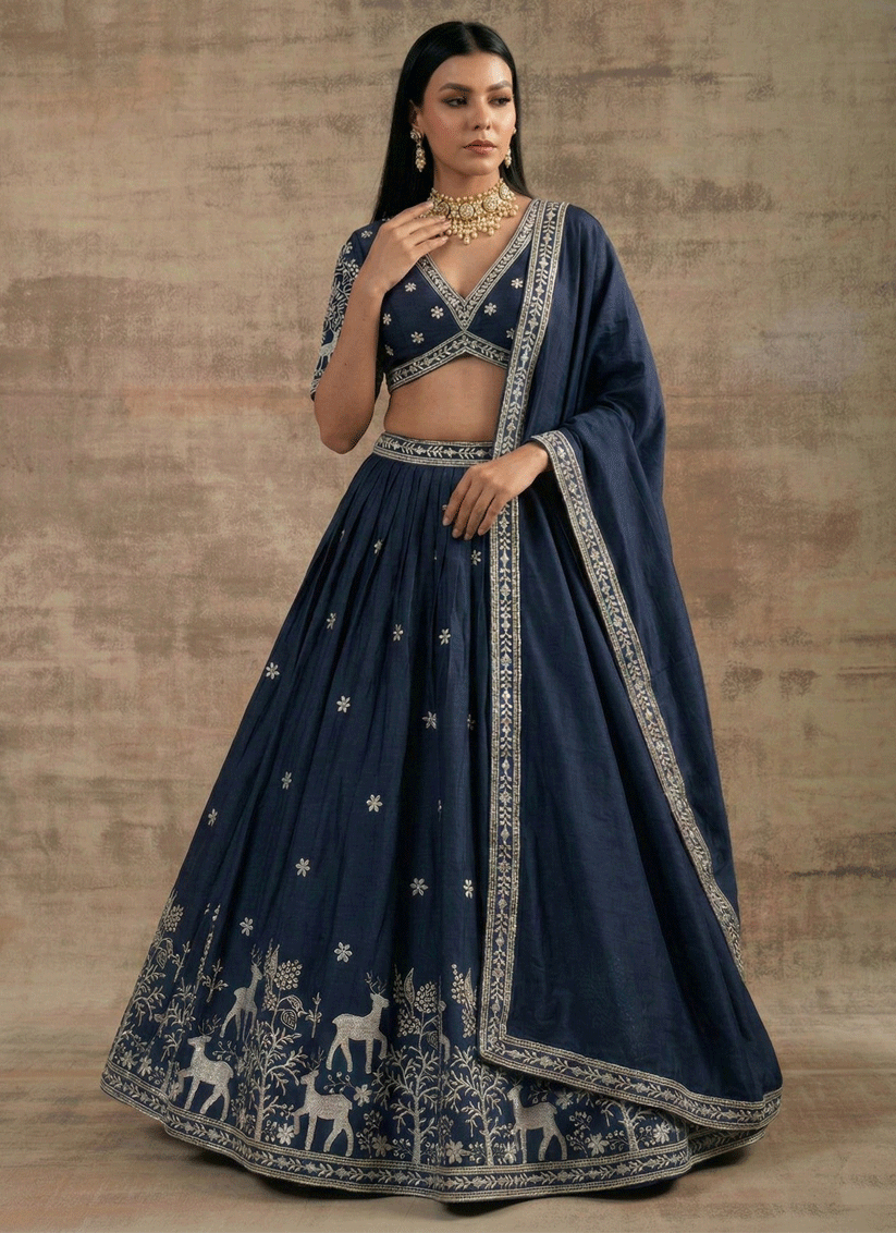 Navy Blue Satin Silk Embroidered Lehenga Choli for Women