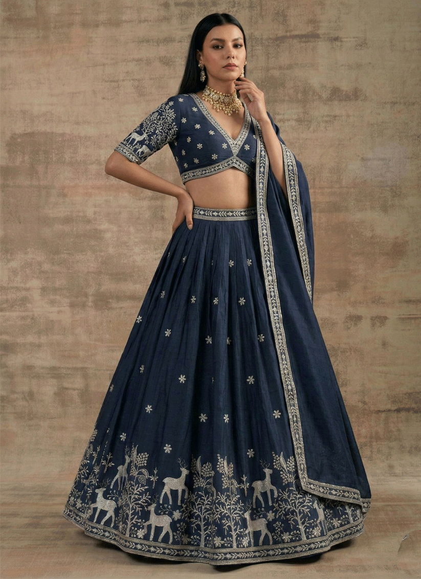 Navy Blue Satin Silk Embroidered Lehenga Choli for Women